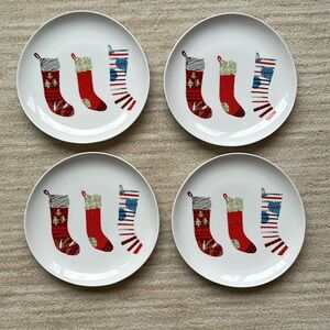 Set of 4 West Elm Christmas Plate Christmas Stockings 8.6" Salad or Dessert Sets